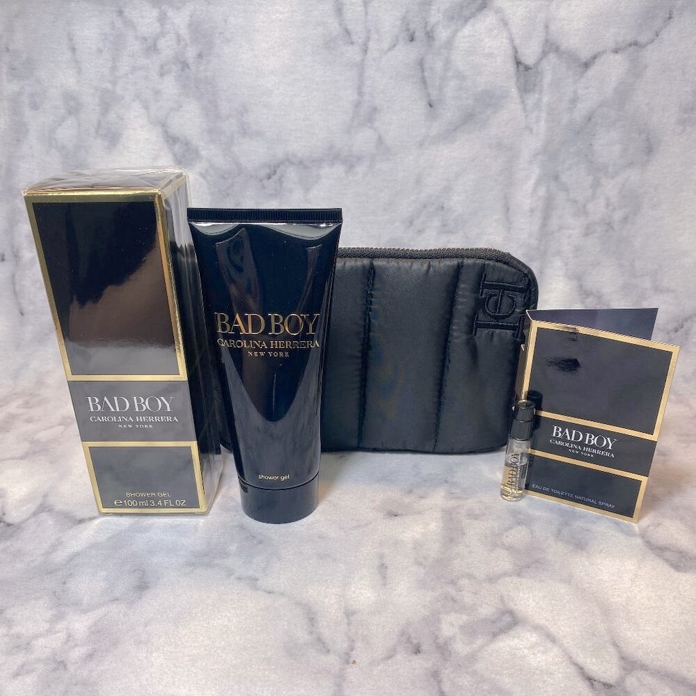 Carolina Herrera Bad Boy Set-Black Pouch,Shower Gel&EDT Sample,Woody-3pc-BOX-NEW - Picture 2 of 16